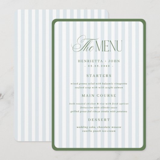 Groene & Blauwe Strepen Rand Trouw Menu Kaart (Voorkant / Achterkant)