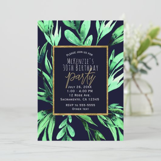 Groene blauwe Waterverf Botanische Glam Party Kaart (Staand voorkant)
