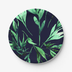 Groene Blauwe Waterverf Botanische Glamour Bruilof Papieren Bordje