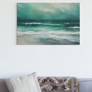 Groene Blauwgroen Moderne Strand Oceaan Schilderen Canvas Afdruk