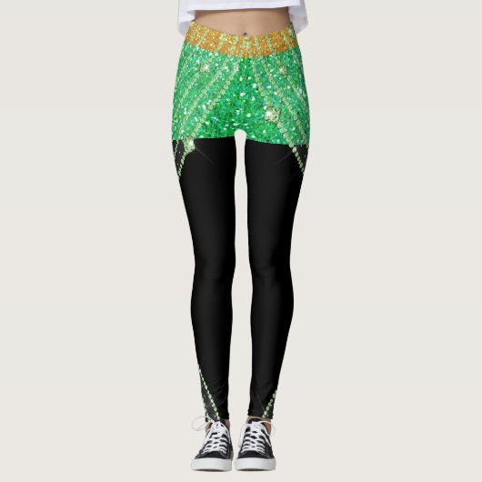 Groene Bling en Zwarte Pop Mode Leggings (Voorkant)