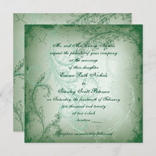  groene bloei scroll leaf bruiloft kaart (Voorkant / Achterkant)