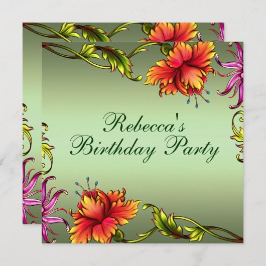 Groene Bloem Burst Ontwerp Verjaardag Uitnodiging (Voorkant / Achterkant)