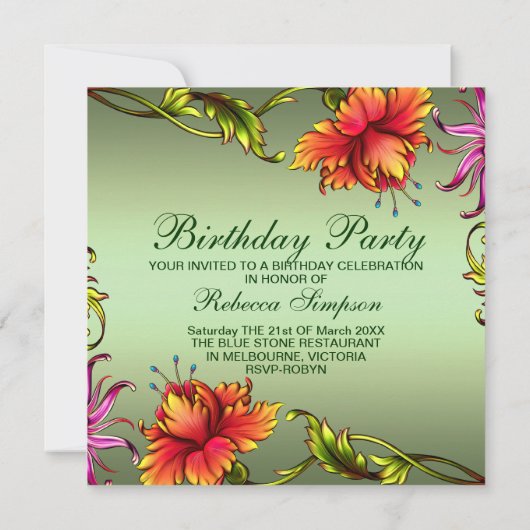 Groene Bloem Burst Ontwerp Verjaardag Uitnodiging (Achterkant)