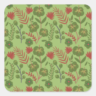 Groene bloem, naadloos patroon, tak, blad vierkante sticker