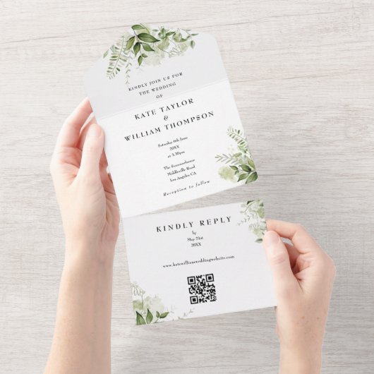 Groene Bloem QR Code Monogram Bruiloft All In One Uitnodiging (Afscheurbaar)