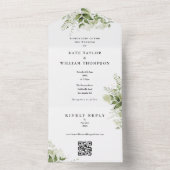 Groene Bloem QR Code Monogram Bruiloft All In One Uitnodiging (Binnen)
