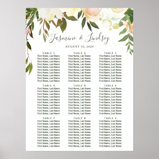 Groene Bloemen 9 Tafels Trouw Zittijd Chart Poster (Voorkant)