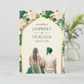 Groene Bloemen Punjabi Anand Karaj Sikh Bruiloft Kaart (Staand voorkant)