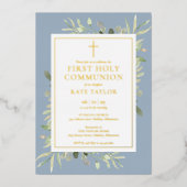 Groene Bloemen Stof Blauw Eerste Heilige Communie  Folie Uitnodiging (Voorkant)