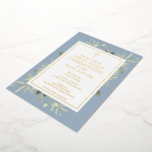 Groene Bloemen Stof Blauw Eerste Heilige Communie  Folie Uitnodiging (Gedraaid)