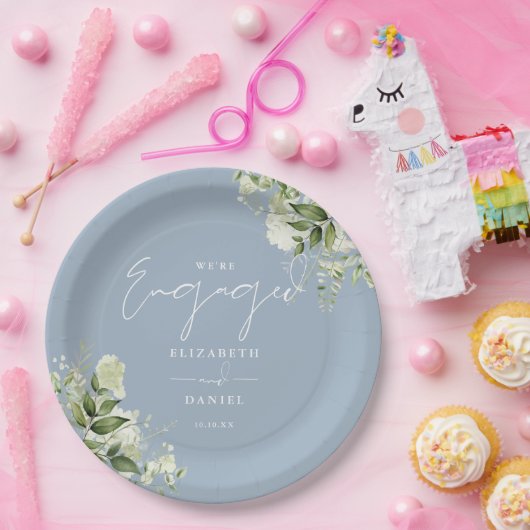 Groene Bloemen Stof Blauwe Verlovingsfeest Papieren Bordje (Feest)