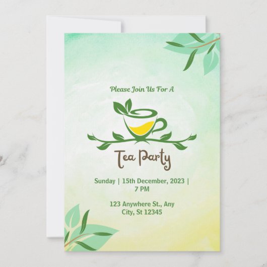 Groene Bloemen Tea Party Uitnodiging (Voorkant)