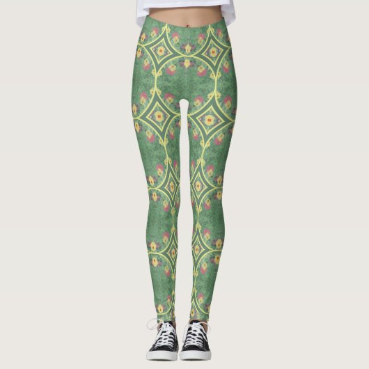 Groene Bloemen Tegel Leggings (Voorkant)