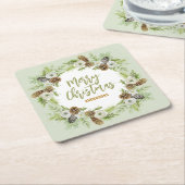 Groene Bloemendennen Kerstkrans Vierkante Kartonnen Onderzetter (Schuin)