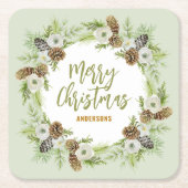 Groene Bloemendennen Kerstkrans Vierkante Kartonnen Onderzetter (Voorkant)