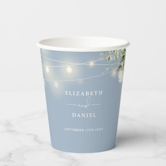 Groene bloemenslingerlichtjes stoffig blauw bruilo papieren bekers (Achterkant)