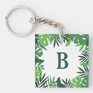 Groene bloemhandpalm bladeren voeg monogram letter sleutelhanger