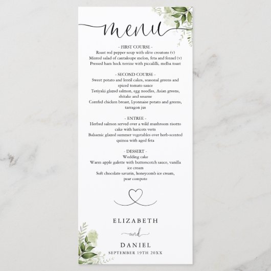 Groene Bloemhart Scriptie Trouwdiner Menu (Voorkant)