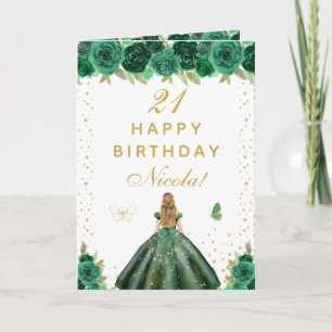Groene Bloemige Blond Haar Meisje Verjaardag Kaart