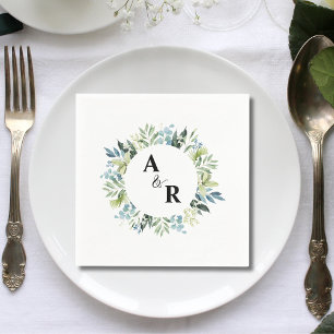 Groene Bloemige Monogram Huwelijks Cocktail op Maa Servet