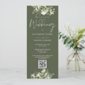 Groene Bloemige Olijfgroene QR Code Huwelijk Kaart (Staand voorkant)