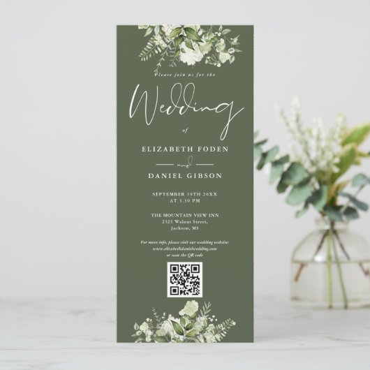 Groene Bloemige Olijfgroene QR Code Huwelijk Kaart (Staand voorkant)