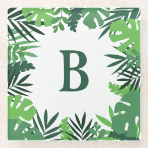 Groene bloemige palmenbladeren monogram glazen onderzetter