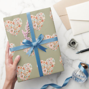 Groene Bloemige Perzik Oranje Blush Harten Verjaar Cadeaupapier