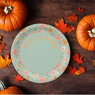 Groene bloemige waterverf oranje naam papieren bordje