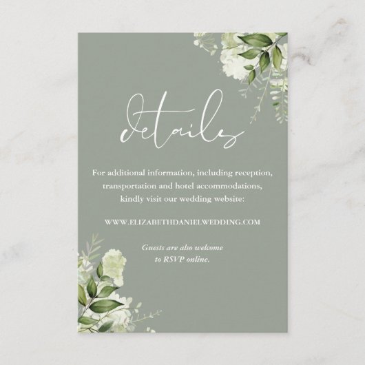 Groene Bloemrijke Elegante Saliegroene Trouwdetail Informatiekaartje (Voorkant)