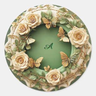 Groene bloemrijke lijst met roze rozen ronde sticker