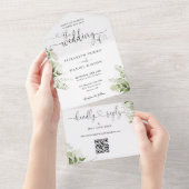 Groene Bloemrijke Script Harten QR Code Trouwfeest All In One Uitnodiging (Afscheurbaar)