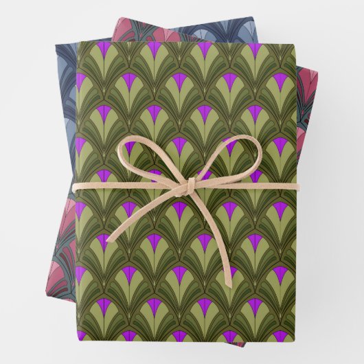 GROENE BLUE PINK GRAY ART DECO PATTERNEN INPAKPAPIER VEL (In situ)