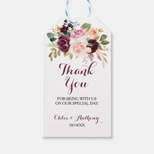 Groene Blush Bourgogne Bloemen Dank u Cadeaulabel (Voorkant)