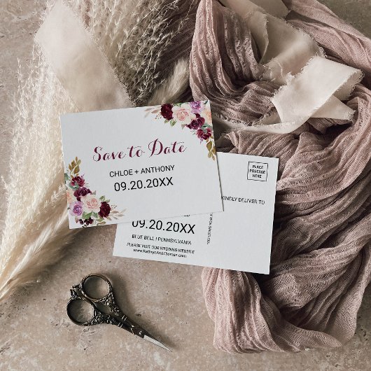 Groene Blush Bourgogne Bloemen Save the Date Kaart