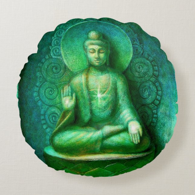 Groene Boeddha Zen Meditation Round Pillow Rond Kussen (Voorkant)