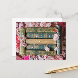 Groene boeken - Roze bloesems Briefkaart