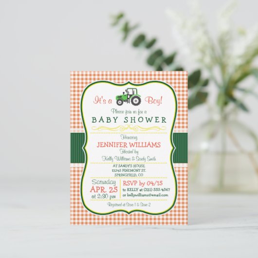 Groene Boerderij Tractor Boy Baby shower Uitnodigi Uitnodiging Briefkaart