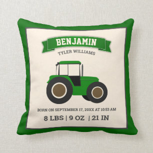 Groene boerentractor baby geboorte statistieken kussen
