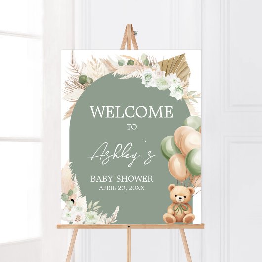 Groene Boho Beer Balloon Baby shower Welkom Poster