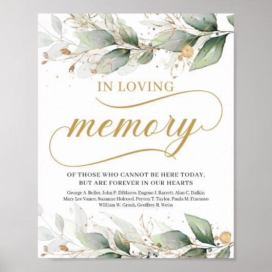Groene boho eucalyptus 'in loving memory' bord poster (Voorkant)