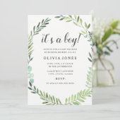  Groene Boho Krans Baby shower Jongen Uitnodigen Kaart (Staand voorkant)