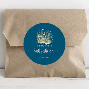 Groene Boho Wilde Bloem Navy Baby Shower Favor Ronde Sticker