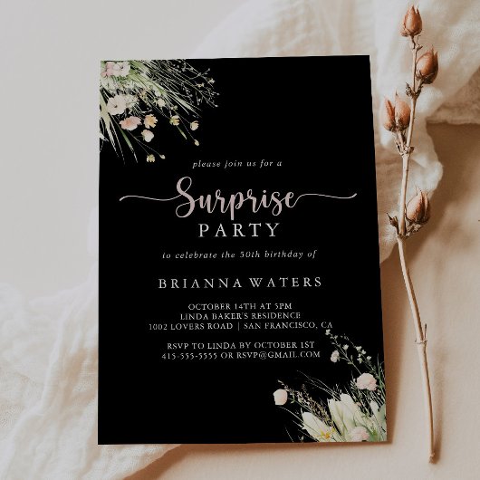 Groene Boho Wildflower Black Surprise Party Kaart