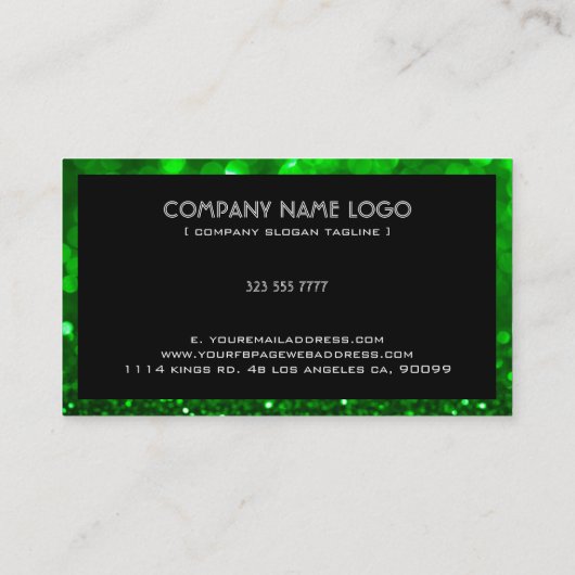 Groene Bokeh Glitter & Sparkles Zwarte Accenten Visitekaartje (Achterkant)