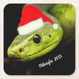 Groene boomslang in Santa Hat Vierkante Kartonnen Onderzetter