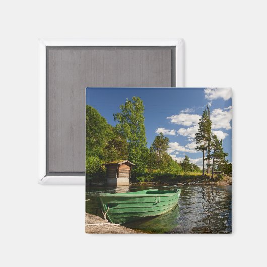 Groene boot in een fjord in Noorwegen Magneet (Voorkant / Achterkant)