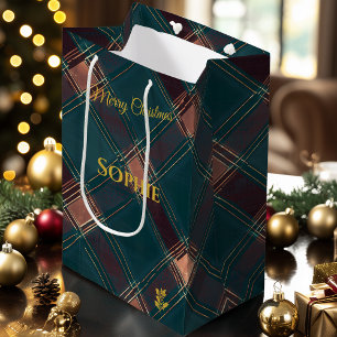 Groene, bordeauxrood en bruine geruite kerst aange medium cadeauzakje