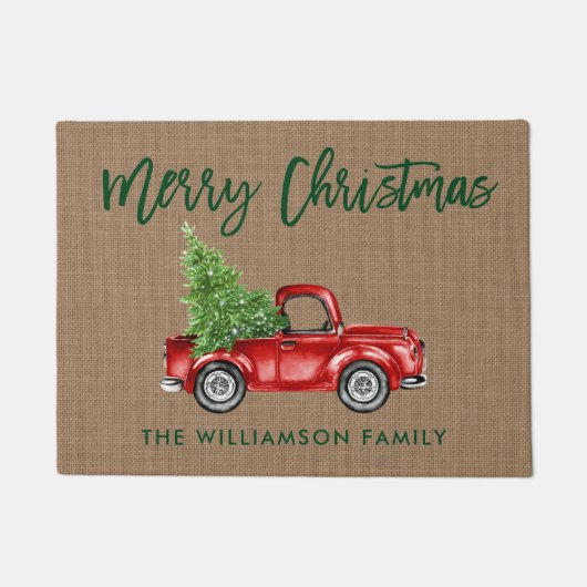 Groene Borstel Script Burlap Kerst  Truck Deurmat (Voorkant)